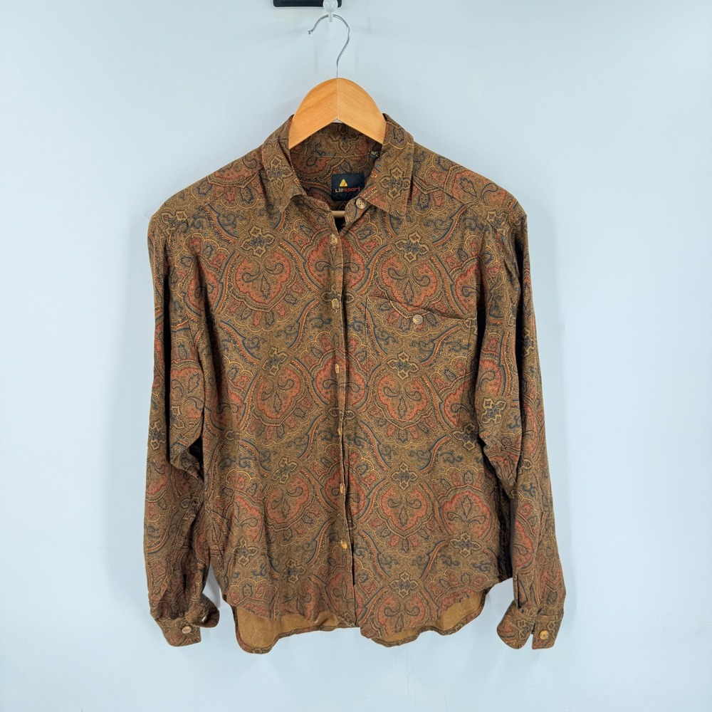 Lizsport Button Down Shirt Brown Petite P Paisley Vintage Rayon 90s Boho